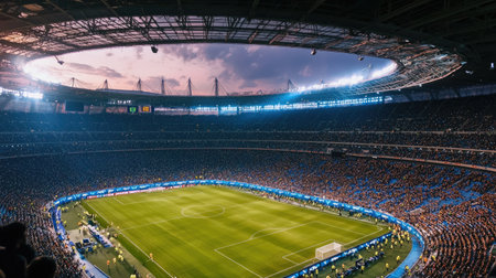 A stunning aerial view showcases a vibrant stadium filled with cheering fans during an intense soccer match, illuminated under a dramatic evening sky.の素材