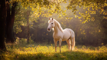 A stunning white horse stands majestically in a sunlit forest clearing, surrounded by lush greenery and vibrant foliage, capturing moments of natural beauty.の素材
