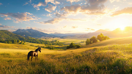 A majestic horse stands gracefully in a golden meadow during sunset, with rolling mountains in the background. The vibrant sky blends warm colors, creating a serene atmosphere.の素材
