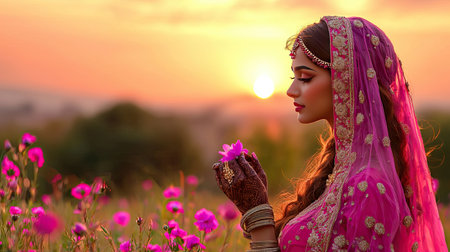A stunning portrait of a woman in traditional attire holding a flower against a vibrant sunset. The scene captures the essence of beauty, serenity, and cultural elegance.の素材