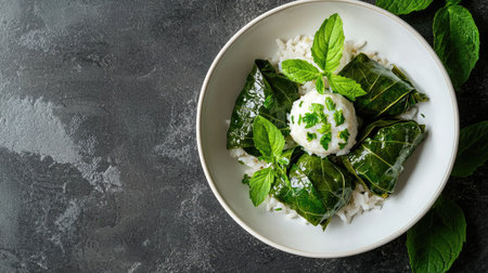 A beautifully arranged dish featuring rice wrapped in mint leaves, complemented by a herb garnish. The gray background enhances the vibrant colors, creating an appealing visual.の素材