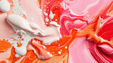 This vibrant abstract artwork showcases a swirling mix of pink and orange paint, creating a dynamic composition that evokes creativity and energy. Perfect for modern design projects.の素材