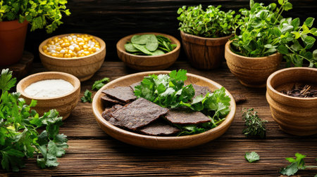 A beautiful arrangement of beef jerky and fresh herbs on a rustic wooden table. This colorful display highlights the natural ingredients perfect for healthy snacking.の素材