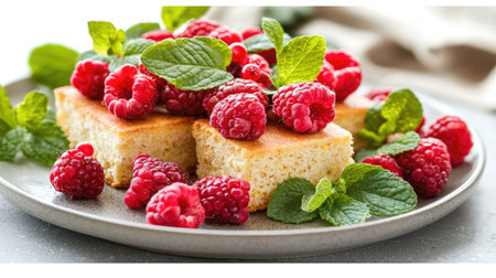 A beautifully arranged plate featuring fresh raspberries and vibrant mint atop soft sponge cake, perfect for summertime gatherings or elegant desserts.の素材