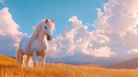 A majestic white horse stands gracefully in a serene meadow, surrounded by vivid clouds and a warm sunset sky, embodying tranquility and beauty of nature.の素材