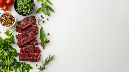 A clean and vibrant layout featuring fresh herbs, spices, tomatoes, and meat cuts, perfect for food blogs, recipe shares, and culinary presentations.の素材