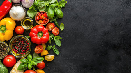 A vibrant arrangement of fresh vegetables and herbs on a dark surface, ideal for food-related projects, emphasizing freshness and culinary creativity in cooking.の素材