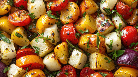 A vibrant mix of roasted vegetables featuring colorful tomatoes, carrots, and bell peppers, garnished with fresh herbs. Perfect for a healthy meal.の素材
