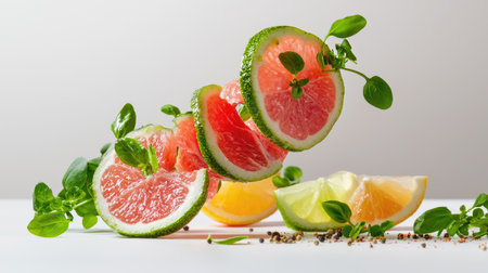 A vibrant arrangement of citrus slices, including grapefruit, lemon, and lime, floating gracefully with fresh herbs, capturing the essence of freshness and flavor.の素材