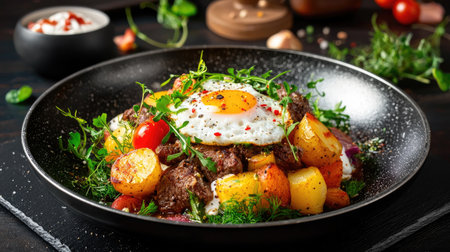 A vibrant plate showcasing tender beef, roasted potatoes, a sunny-side-up egg, and garnished with fresh herbs. Perfect for culinary enthusiasts and food lovers.の素材