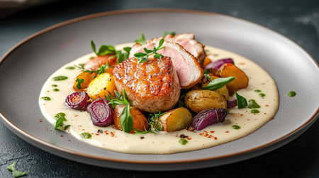 A beautifully presented gourmet dish featuring succulent meat, roasted potatoes, and a creamy sauce, garnished with fresh herbs, perfect for food enthusiasts.の素材