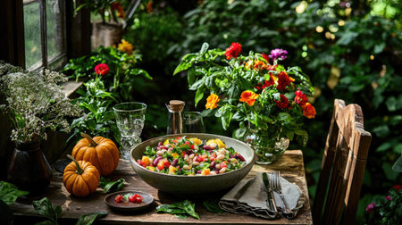A beautiful arrangement of a vibrant salad featuring seasonal vegetables, surrounded by fresh flowers and rustic decor, capturing the essence of outdoor dining.の素材