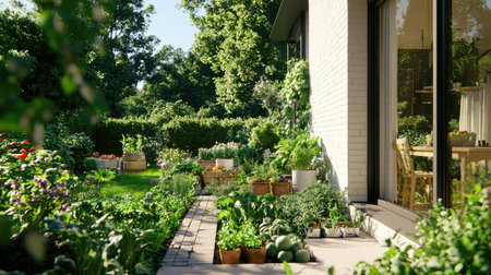 A picturesque home garden filled with an array of vibrant plants and fresh vegetables, showcasing nature beauty in warm sunlight. Perfect for gardening enthusiasts.の素材
