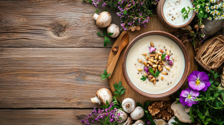 A bowl of creamy soup garnished with pine nuts surrounded by fresh herbs and colorful edible flowers on a rustic wooden table, ideal for healthy dining.の素材
