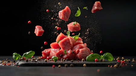 Vibrant raw meat chunks fall surrounded by colorful spices and fresh basil leaves. Perfect for cooking, food enthusiasts, and culinary art.の素材