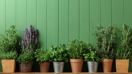 A beautiful arrangement of fresh herbs in clay and metal pots against a bright green wooden wall. Ideal for home gardening enthusiasts seeking inspiration.の素材