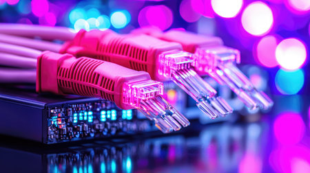 Close-up of vibrant network cables connecting to a device, set against a colorful bokeh background. This image captures the essence of modern technology and connectivity.の素材
