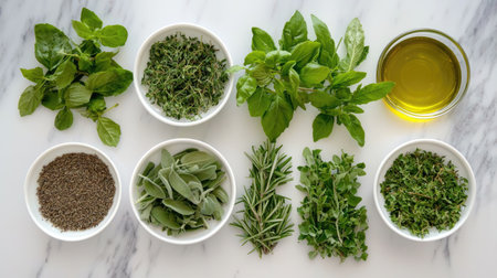 A vibrant collection of fresh herbs including mint, basil, sage, and rosemary, paired with olive oil, perfect for cooking and seasoning dishes. Ideal for culinary inspiration.の素材