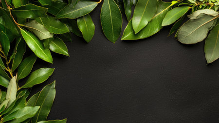 A stunning arrangement of green leaves creates a natural frame on a dark background. Perfect for design projects, nature themes, and wellness concepts.の素材