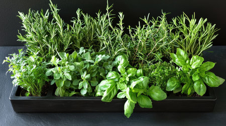 A vibrant indoor herb garden featuring various fresh herbs like basil, rosemary, and thyme. Perfect for cooking enthusiasts and home decor lovers alike.の素材