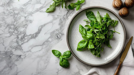 A beautiful arrangement of fresh green basil leaves on a textured marble surface. Ideal for culinary creations, this image showcases healthy cooking ingredients and natural flavors.の素材