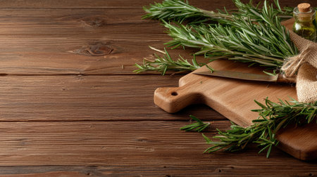 A beautiful arrangement of fresh rosemary sprigs on a wooden cutting board, accompanied by a knife and a small bottle of oil, perfect for culinary uses.の素材