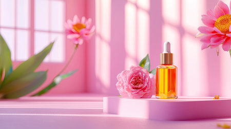 This image features a vibrant beauty serum bottle set in a pink floral backdrop. Soft sunlight highlights the delicate flowers and creates a serene atmosphere perfect for skincare promotion.の素材