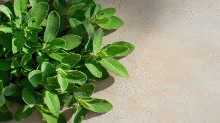 Bright green leaves create a soothing scene on a neutral backdrop, highlighting the freshness of nature. Perfect for themes of health and tranquility.の素材