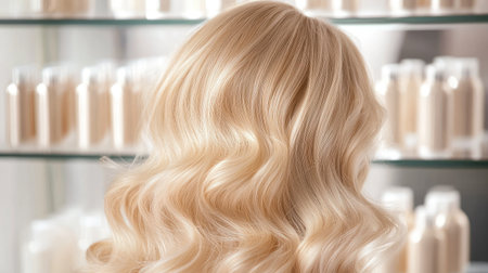 Captivating view of soft blonde hair styled in gentle waves, set against a backdrop of salon products, showcasing beauty and elegance in hair care.の素材