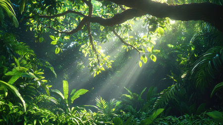 A vibrant jungle scene showcasing lush green foliage illuminated by sunlight. The interplay of light and shadows creates a serene, peaceful atmosphere ideal for nature lovers.の素材