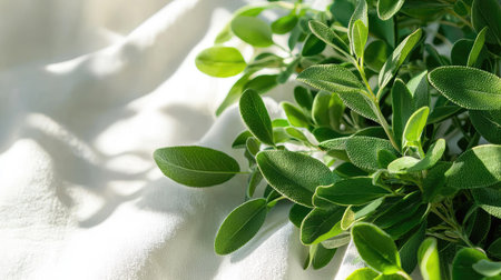 A close-up image of fresh green leaves resting on soft white fabric, beautifully illuminated by natural light. Ideal for themes of nature, wellness, and tranquility.の素材