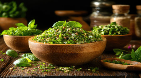 A vibrant display of fresh herbs and spices in wooden bowls on a rustic table, showcasing the beauty of natural ingredients for cooking and garnishing.の素材