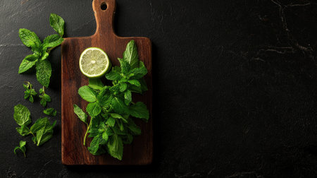 Capture the essence of freshness with this image of mint and lime on a wooden cutting board, perfect for culinary inspiration and healthy cooking.の素材