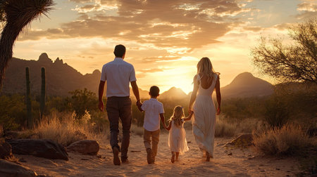 A beautiful family strolls hand in hand at sunset in a desert landscape, embodying love and togetherness amidst stunning natural scenery.の素材