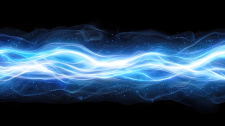 A mesmerizing display of ethereal blue light waves gently flowing across a dark background. Ideal for projects requiring a sense of motion and tranquility.の素材