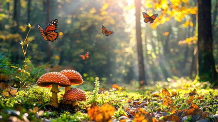 A serene forest scene features vibrant mushrooms among colorful falling leaves, while butterflies gracefully flutter through warm autumn light, creating a magical atmosphere.の素材