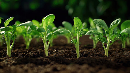 Vibrant green potato seedlings emerge from rich dark soil, showcasing the beauty of agricultural growth. A perfect representation of nature's cycle and sustainable farming.の素材