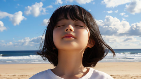 A serene child stands on the beach with closed eyes, enjoying the gentle breeze and beautiful sky. The moment captures pure joy and tranquility.の素材