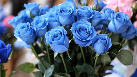 A stunning arrangement of blue roses highlights the beauty of flowers in a vibrant bouquet, perfect for events, gifts, and decorations. Celebrate love and elegance.の素材