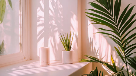 A serene indoor scene featuring lush plants in sleek pots, bathed in soft sunlight. This modern setting creates a peaceful atmosphere, ideal for relaxation and inspiration.の素材