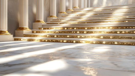 This image features elegant marble stairs adorned with golden trim, illuminated by soft light, showcasing a refined classic architecture and serene ambiance.の素材