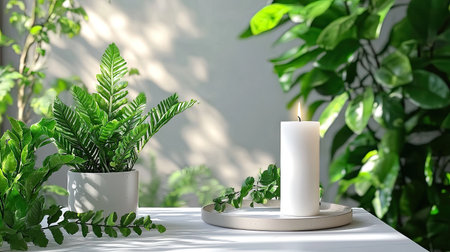 A peaceful setting showcasing a white candle beside lush green plants on a table. This arrangement evokes tranquility and harmony, perfect for home decor.の素材