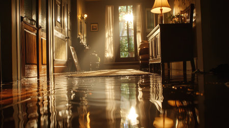 A sunlit room showcases serene reflections on calm water, creating a cozy and inviting atmosphere, highlighting the beauty of light and interior design.の素材