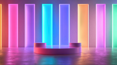Stunning studio setup featuring vibrant neon lights and an illuminated circular platform, perfect for creative events, performances, or digital displays in a modern setting.の素材