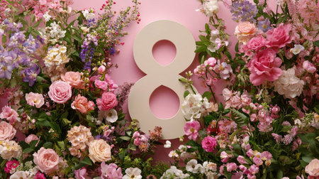 A stunning floral arrangement featuring various blooms surrounding the number eight on a soft pink background, perfect for celebrations or events.の素材