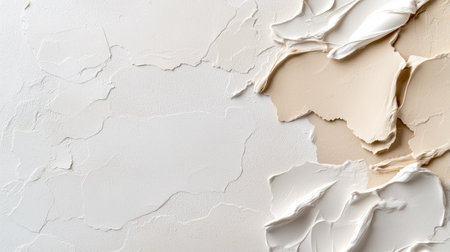 Close-up of an abstract texture with peeling paint in shades of white and beige, perfect for backgrounds in modern design and renovation projects.の素材