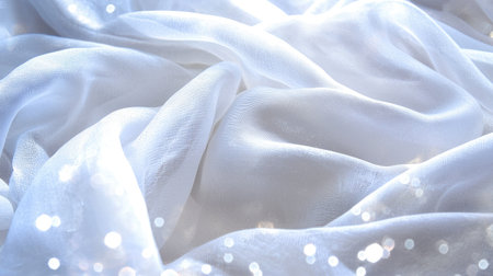 This image features a soft white fabric, delicately flowing with sparkling highlights. Ideal for elegant designs, fashion backdrops, and minimalist decor.の素材
