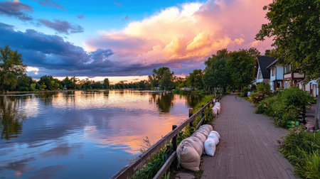 A serene riverside scene featuring calm water reflecting vibrant sunset colors. Charming houses line the shore, surrounded by lush greenery and a wooden path.の素材