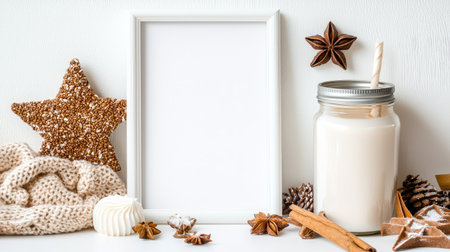 A cozy winter arrangement featuring a blank frame surrounded by natural elements like pine cones, cinnamon sticks, and a jar of cream. Perfect for seasonal decor.の素材