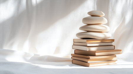 A serene composition featuring stacked books and smooth stones on a soft white background, ideal for themes of tranquility, relaxation, and minimalism in modern design.の素材